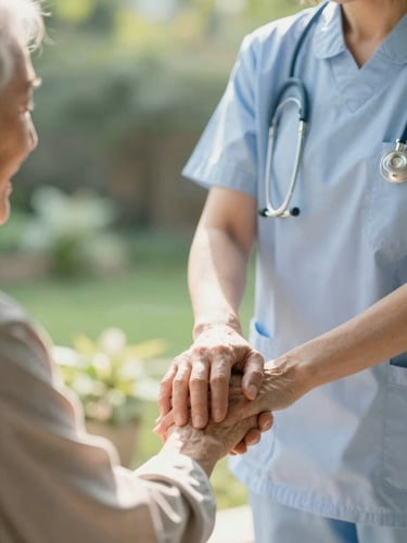 Warm editorial photography of a senior nurse gently holding the hand of an elderly resident in a sunlit garden, soft morning daylight, shallow depth of field, 35mm