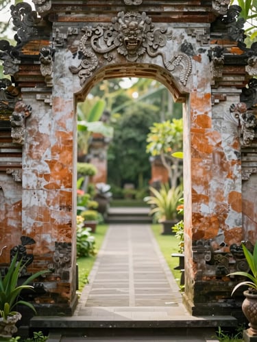 A serene stone archway leading to a lush green garden pathway in Bali, warm editorial photography, soft morning daylight, gentle earth and green tones, shallow depth of field, 35mm