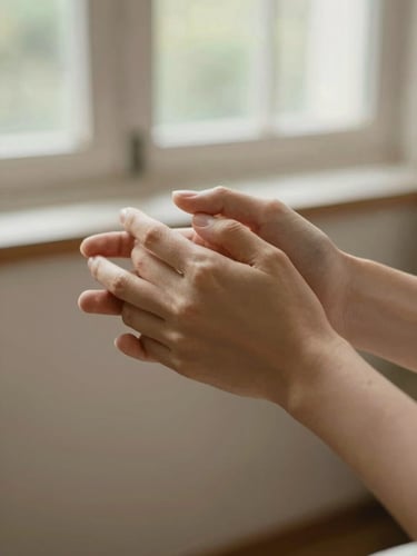 Close-up of hands holding hands gently, soft natural window light, warm tones, comforting atmosphere