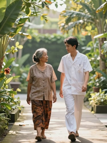 Warm editorial photography of a serene garden pathway in Bali, soft morning daylight filtering through lush tropical leaves, a therapist walking gently beside a resident whose back is turned, shallow depth of field, 35mm