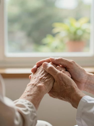 Close-up of a therapist gently holding an elderly patient's hand, warm morning light filtering through a window, soft focus garden background, 35mm