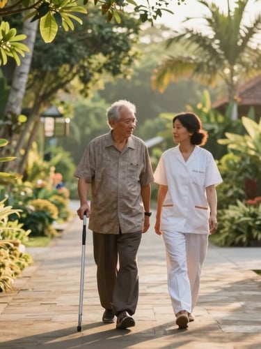 A wide landscape shot of a serene garden pathway at Amerta Care Bali, a therapist walking beside a resident holding a walking bar, warm golden hour light, lush Balinese foliage