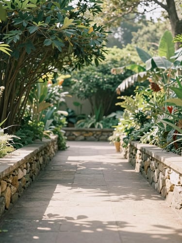 Wide shot of a serene garden pathway in morning light, lush green foliage, stone wall, soft shadows, 35mm photography