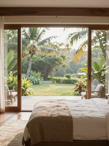 Warm editorial photography of a spacious private bedroom with large windows overlooking a serene tropical garden, soft morning daylight, natural wood furniture, 35mm