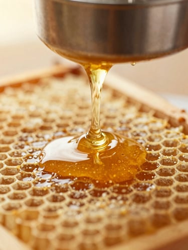 Macro close-up of raw honey slowly flowing from a honeycomb frame into a stainless steel extractor, warm golden light, shallow depth of field, highlighting viscous texture.