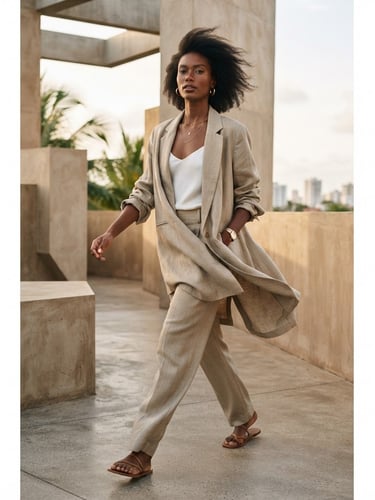 Modelo em movimento vestindo blazer de corte fluido em ambiente de arquitetura moderna, luz natural suave, João Pessoa, com foco na textura do tecido e caimento da peça, 35mm lens.