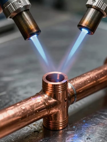 Tight macro shot of copper pipe joints being soldered with a focused blue torch flame, bright industrial lighting, high contrast, dark metallic background.