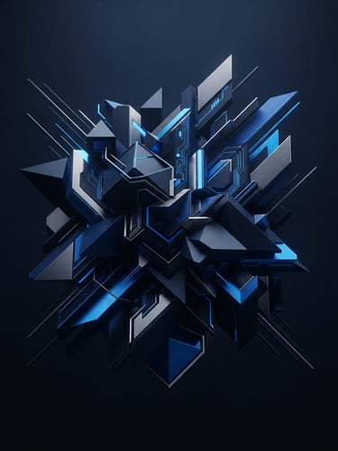 Minimalist 3D render of abstract tech geometry with electric blue and deep navy accents, soft studio lighting, high contrast