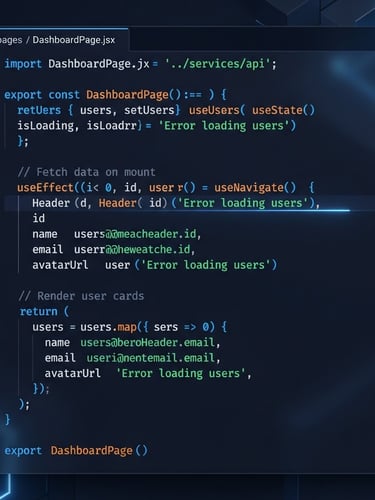 High-fidelity screenshot of a clean React code interface with syntax highlighting, set against a dark background, soft blue glowing accents, modern SaaS aesthetic, 3d render style