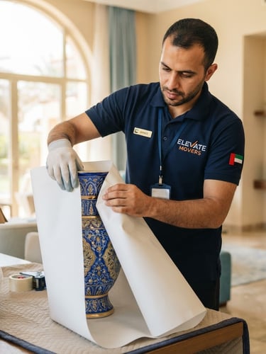 A sharp medium close-up of a uniformed moving crew member in a deep navy polo carefully wrapping a high-value ceramic vase in thick white protective paper inside a bright, sunlit UAE villa interior.