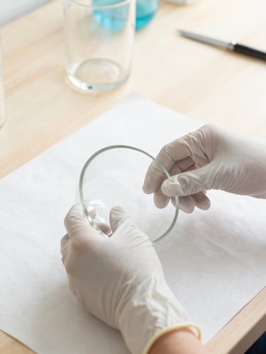 Close-up of professional gloved hands carefully wrapping fragile glassware in thick protective paper, bright natural daylight, clean organized workspace.