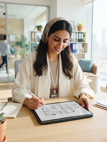 A professional UAE move coordinator in a clean office, reviewing a digital floor plan on a tablet, bright natural daylight, warm sand tones.