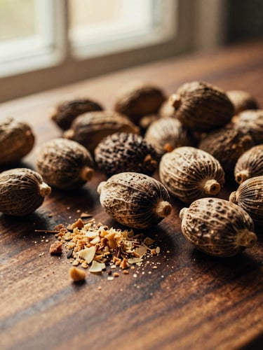 Close-up of whole and grated nutmeg seeds on a dark walnut wood surface, warm kitchen lighting