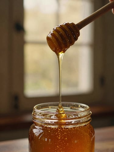 Thick, wild forest honey dripping slowly from a wooden dipper, warm backlight highlighting its rich amber color