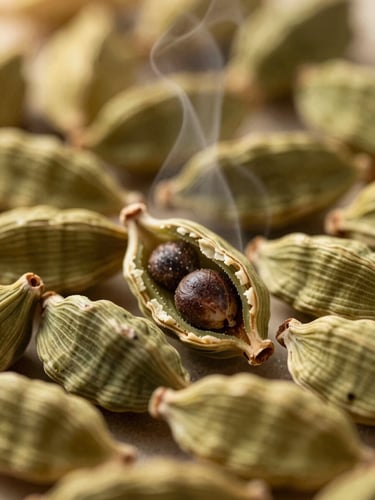 Macro shot of cracked green cardamom pods revealing dark seeds, warm steam rising softly in the background