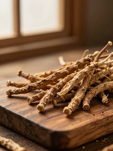 Close-up of dried ashwagandha roots on a rustic wooden board, soft side window light, warm earthy atmosphere