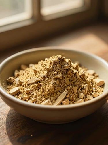 Intimate portrait of white shatavari root powder in a handmade ceramic dish, warm golden hour light