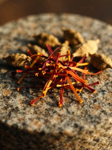 Macro shot of saffron threads and cardamom pods resting on a textured granite grinding stone, warm golden hour light, shallow depth of field, 35mm film.