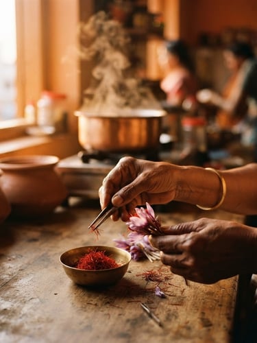 Intimate macro shot of hands preparing saffron threads in a warm, golden-lit Bangalore kitchen, steam softly rising in the background, 35mm film.