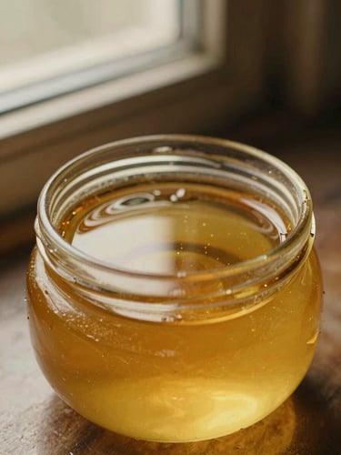 Golden, slow-clarified cow's ghee glistening inside an ancient brass jar, soft warm reflections
