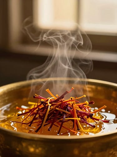 Macro photography of raw saffron threads and golden ghee being stirred in a vintage brass vessel, warm low-contrast steam rising, soft golden hour window light, 35mm film