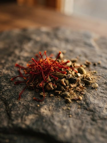 Warm macro photography of raw saffron threads and crushed cardamom seeds on a textured stone surface, golden hour window light, shallow depth of field