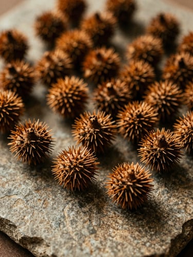 Close-up of small spiny gokshura fruits on a textured stone slab, warm low-contrast shadows