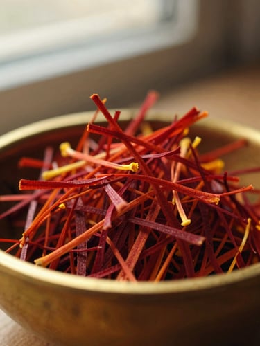 Macro close-up of vibrant red saffron threads resting in a small brass bowl, warm morning light, shallow depth of field