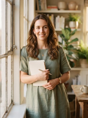Warm, inviting portrait of a woman (founder) in a soft linen dress, smiling gently, standing by a sunlit window, holding a notebook. Soft golden-hour light, muted cream and sage tones, shallow depth of field, 35mm.