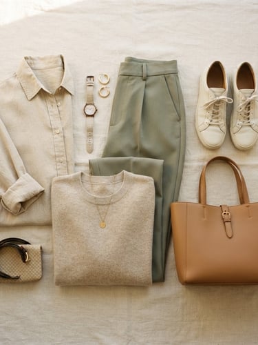 Flat lay of a neutral-toned capsule wardrobe, including a linen shirt, tailored trousers, a simple knit, and classic accessories, arranged neatly on a cream linen background under soft window light, shallow depth of field.