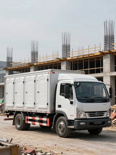 Wide shot from slightly below, a company delivery truck loaded with portable chemical toilet units parked at the edge of an active construction site, overcast daylight, concrete foundations and steel rebar visible in background, documentary framing with no people posing