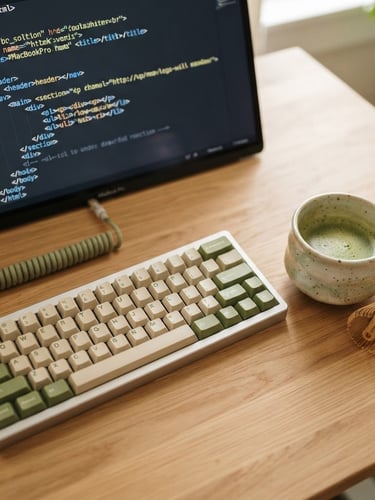 Overhead macro shot of a clean mechanical keyboard, a ceramic matcha teacup, and a laptop screen displaying structured HTML code, soft morning daylight, shallow depth of field.