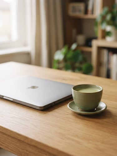 A minimalist desk setup featuring a single ceramic teacup next to a laptop, soft morning daylight, muted cream and matcha green tones, shallow depth of field