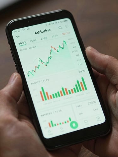 Macro close-up of hands holding an Android phone displaying a zero-lag real-time financial chart, subtle mint-green light reflecting on the screen