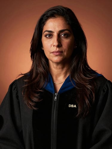 Low-key, high-contrast studio portrait of Dr. Sana Ramzan, DBA, with warm terracotta backlighting, looking forward with professional authority.
