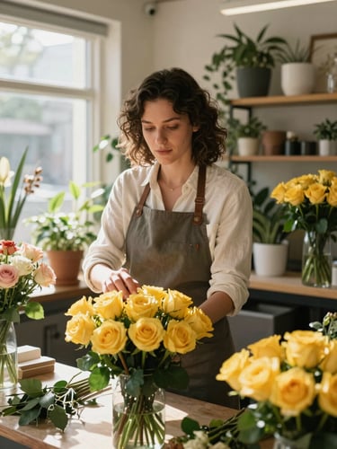 A bright environmental portrait of a female florist arranging a bouquet of yellow roses inside her sunlit shop, natural daylight, medium-wide shot.