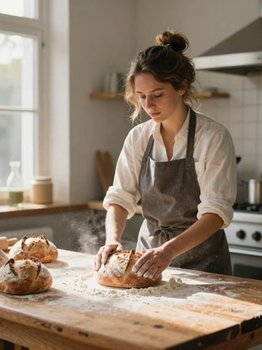 Medium-wide environmental portrait of a local female baker in a bright, sunlit kitchen, dusting flour over freshly baked sourdough bread on a rustic wooden table, natural daylight streaming from a side window.