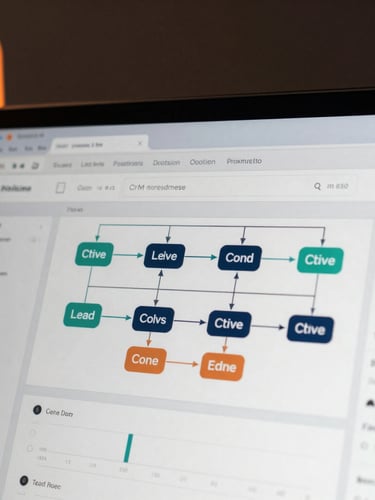 Macro clean interface close-up of a custom CRM pipeline dashboard, showing lead routing nodes and performance metrics, low-key studio lighting with sharp orange rim-lights against a dark background.