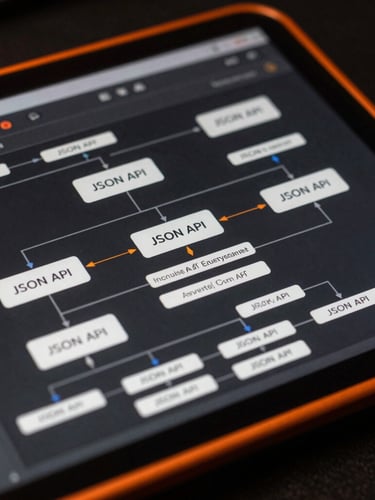 Macro close-up of a dark developer interface showing clean JSON API structures and a pipeline automation flowchart, low-key dark studio lighting with a sharp orange rim light, high contrast