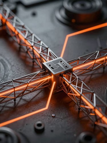Abstract 3D geometric wireframe representing complex data pipelines, sharp orange laser lines intersecting dark metallic surfaces, high contrast, macro crop.