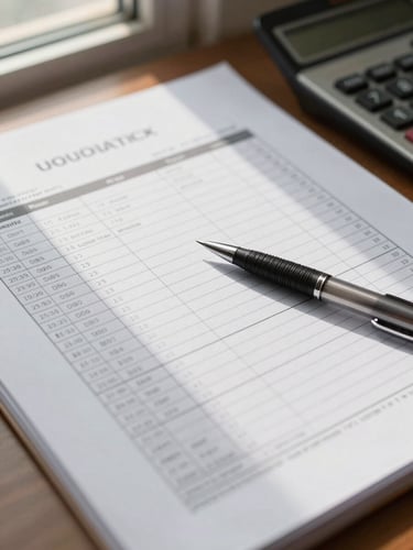 Close-up of a printed payroll register on a desk, a pen resting across the page, natural window light from the left, a calculator partially visible at the edge, no faces
