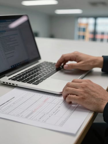 Close-up of hands on a keyboard, a printed reconciliation report spread beside the laptop on a plain desk, overhead office fluorescent light, a faint construction site visible through a window in the background, no faces