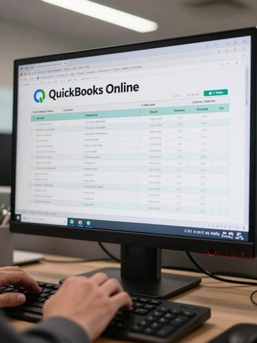 Close-up of a monitor screen showing a QuickBooks Online chart of accounts, hands resting on a keyboard in the foreground, overhead fluorescent office light, desk surface visible below