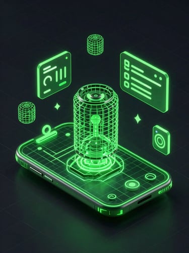 Isometric wireframe of a mobile game interface on a dark grid background, glowing green vector lines, clean floating UI elements, high contrast.