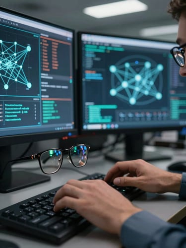 Extreme close-up of a security analyst's hands on a keyboard, monitors reflected in glasses, forensic network graph glowing on screen in the background, cool overhead lighting, dark operational environment, high-contrast data overlay visible on secondary monitor
