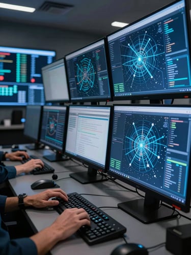 Wide side-angle view of a security operations center, multiple large monitors displaying network topology maps and threat data overlays, cool blue monitor glow illuminating a darkened room, hands on a keyboard in the foreground, wall of dashboards visible in background depth
