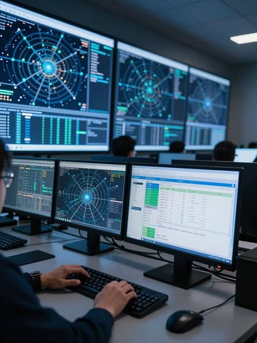 Wide side-angle view of a security operations center at night, multiple large monitors displaying network topology maps and domain registration data, a analyst's hands resting on keyboard in foreground, cool blue monitor glow as primary light source, no faces visible