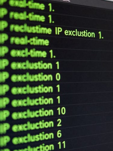 Macro close-up of a dark terminal screen running real-time IP exclusion logs, neon green text on black background