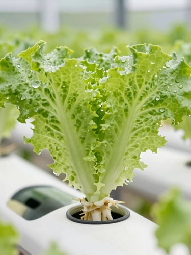 Macro shot of vibrant green lettuce leaves with water droplets, pristine white roots exposed in a clean, high-tech hydroponic system, bright greenhouse light, 35mm lens