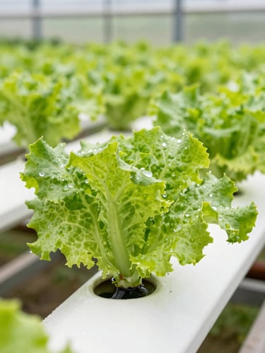 Macro photograph of vibrant green lettuce leaves with crisp water droplets in a bright hydroponic greenhouse, natural daylight, 35mm lens